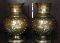 金澤銅器會社 犬図 金銀象嵌 花瓶一対